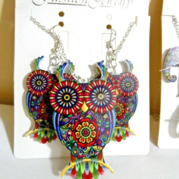 New Boho MOSAIC Elephant Owl Necklace Earrings Set Floral Modern Jewelry Chic! - Picture 3 of 9